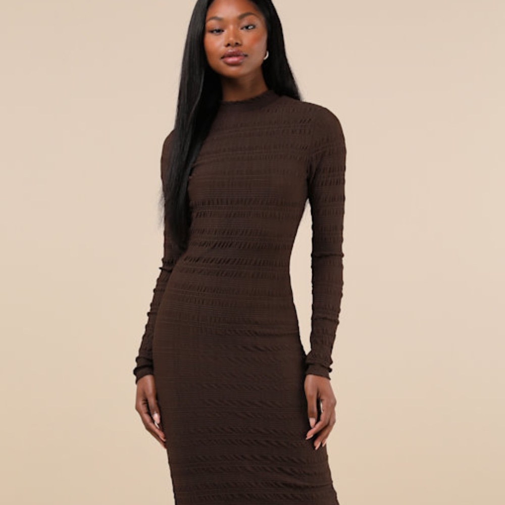 Trendsetting Design Brown Textured Long Sleeve Maxi Dress